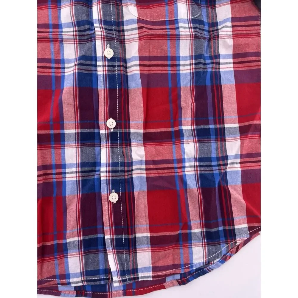 Old Navy Plaid Flannel Shirt Youth Boys Medium Blue Red White Classic Dressy New